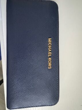 Michael Kors Navy Saffiano Zip Around Wallet with Gold Logo